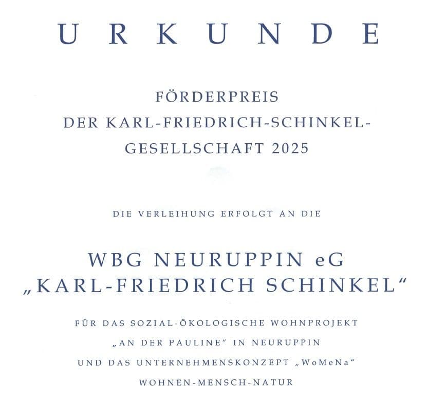 WBG Neuruppin eG erhält Förderpreis 2025 der Karl-Friedrich-Schinkel Gesellschaft